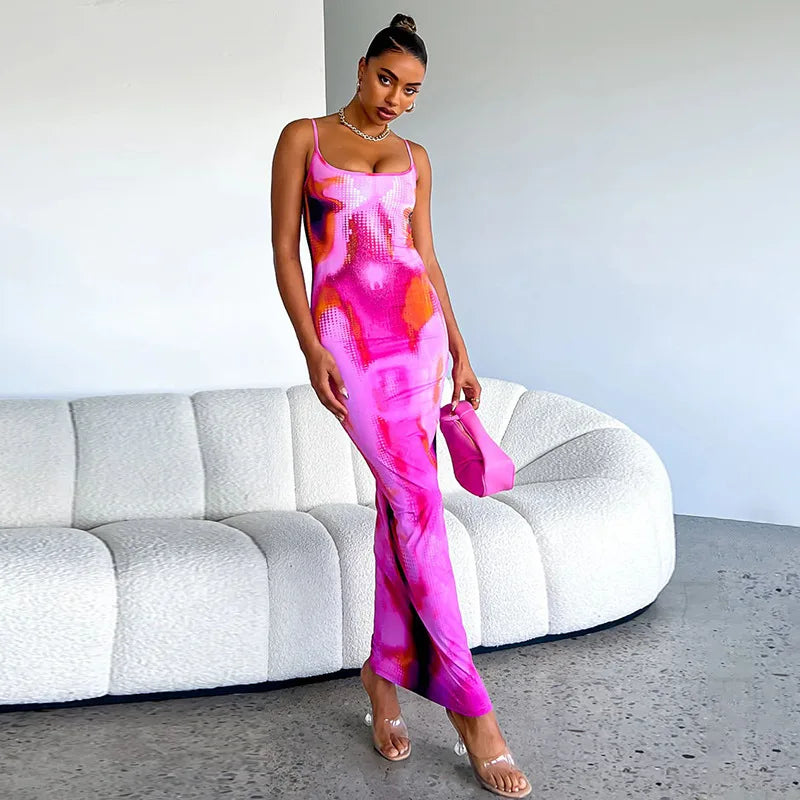 Women Summer Sleeveless Print Spaghetti Strap Dress