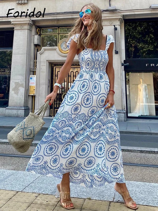 Blue Floral Embroidey Summer Beach Dress Women