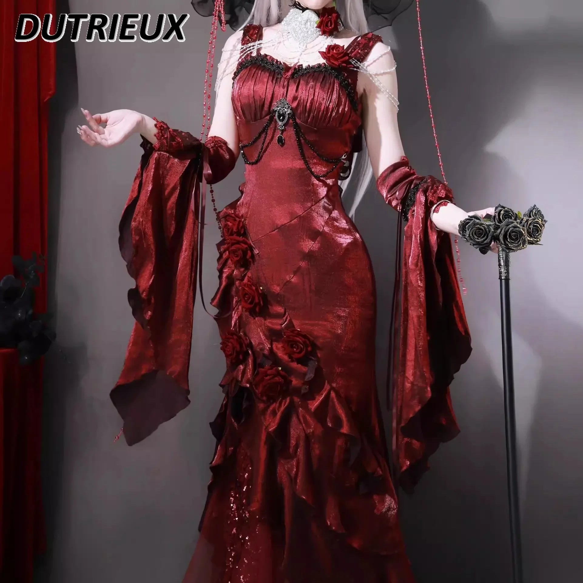 Red Rose Lolita Slimming Long Asymmetrical Fishtail